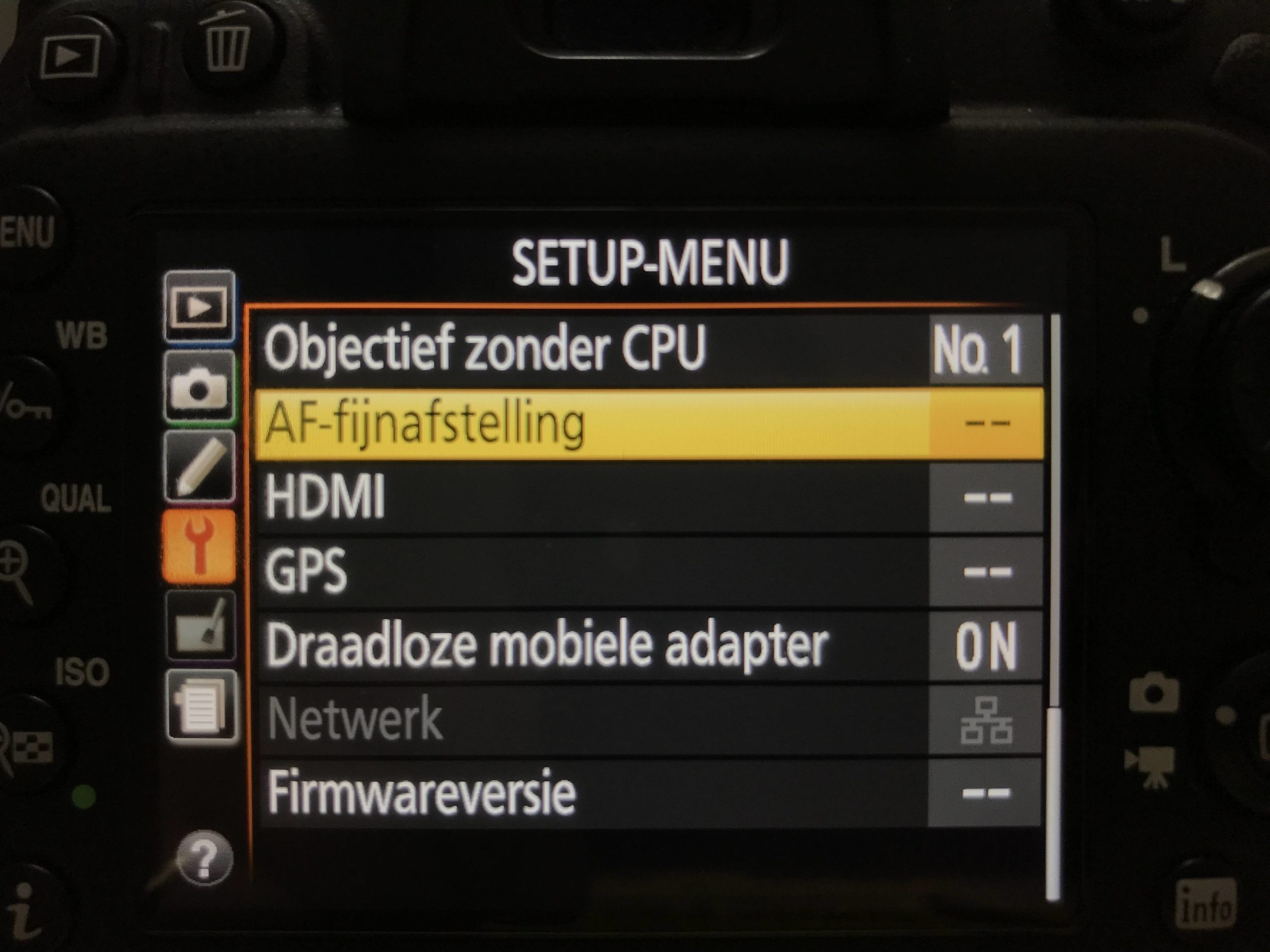 Nikon Setup menu AF fijnafstelling