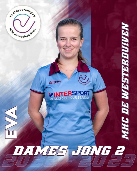 Speler kaart van Eva met ook de naam van het team en in de kleuren van de club.